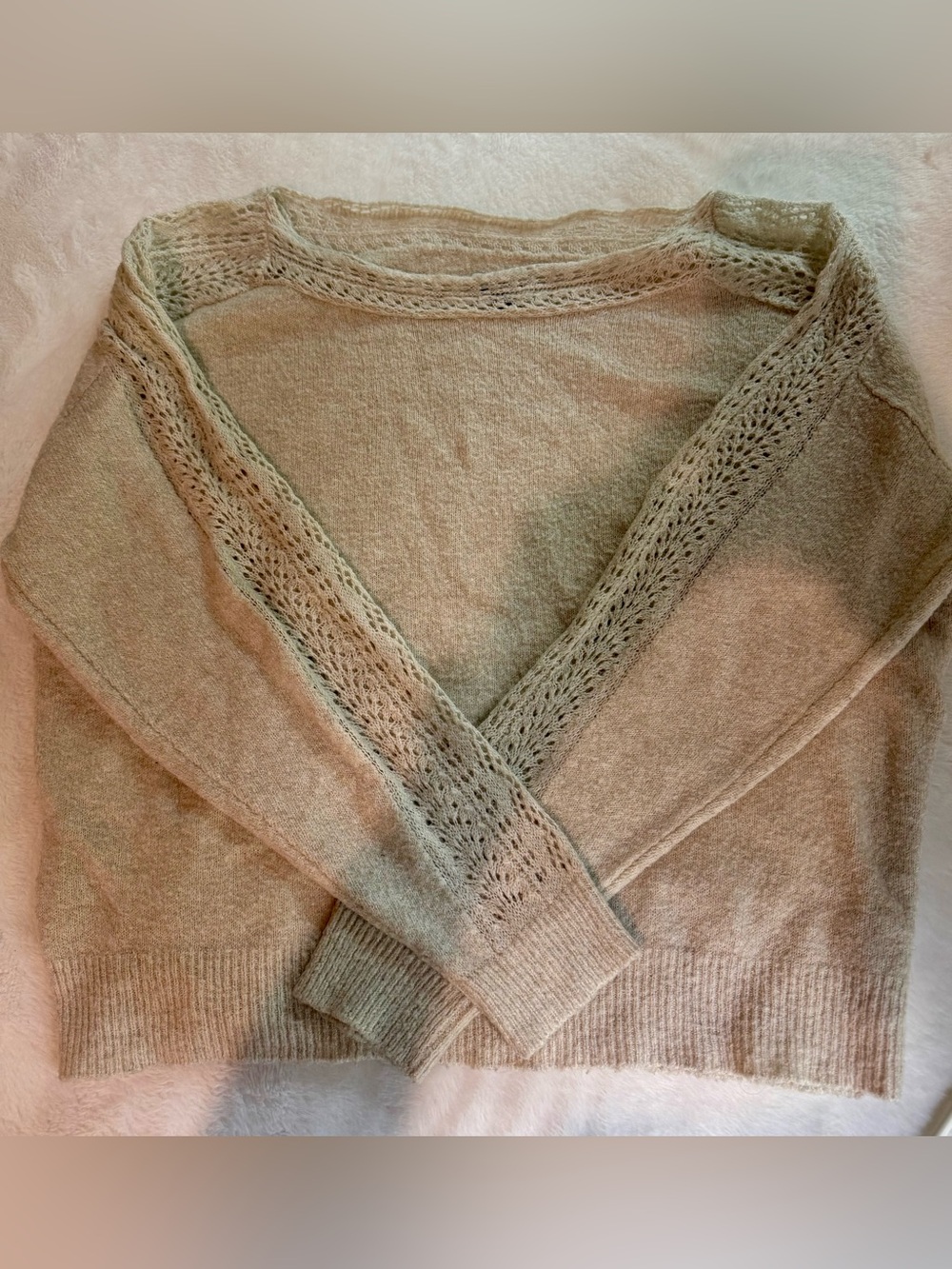 American Eagle Outfitters Beige Open-Knit Crewneck Sweater